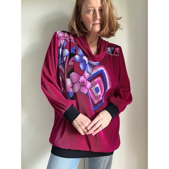 Virginie Paris Floral Micropleated Blouse Pink Made in France Statement SZ L - Picture 9 of 11